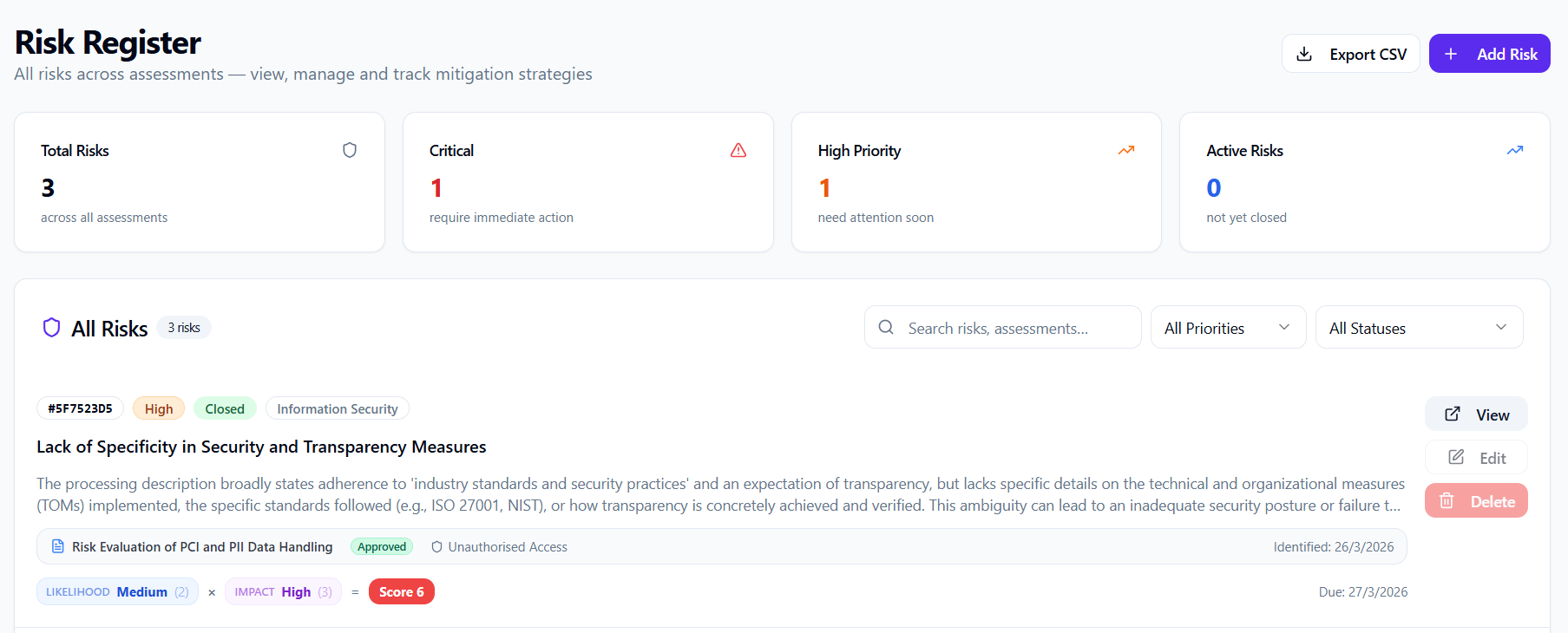 Risk Register View